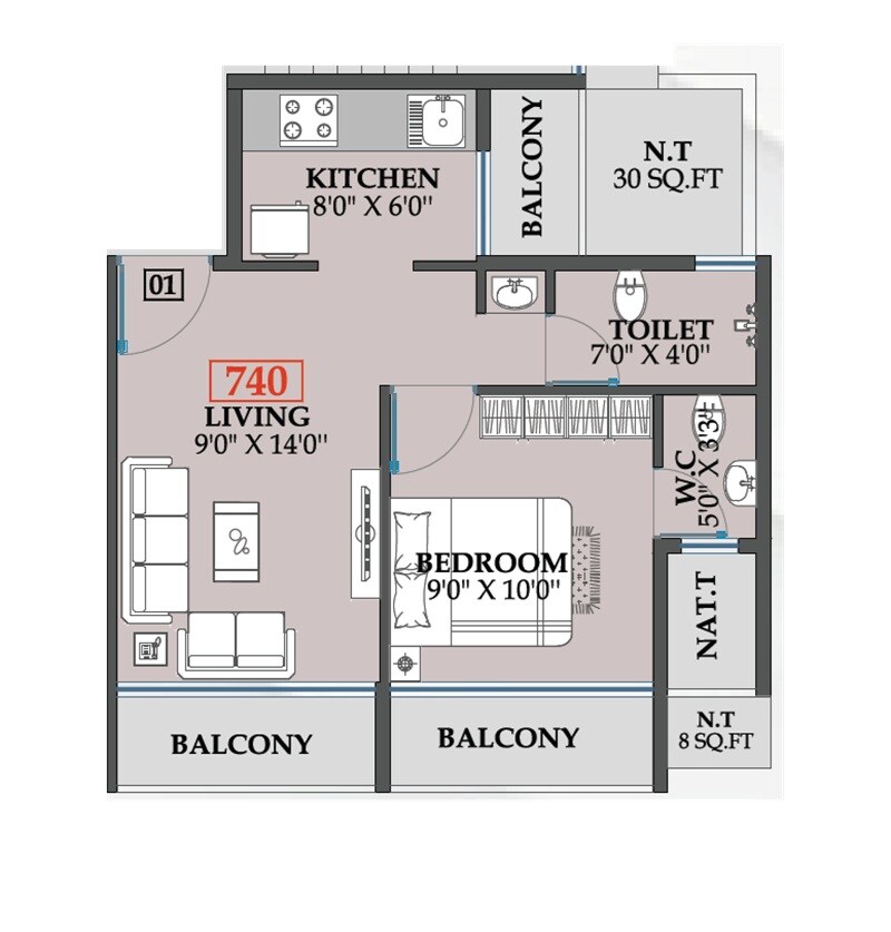 Floor plan of 1 BHK 284 Sq. Ft. Apartment in Micron Silver Fern, Navi Mumbai