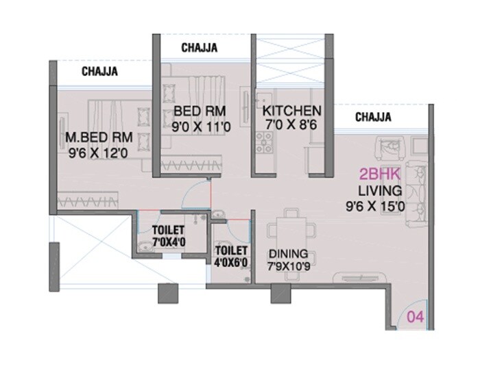 Floor plan of 2 BHK 582 Sq. Ft. Apartment in Millennium Celesta, Navi Mumbai