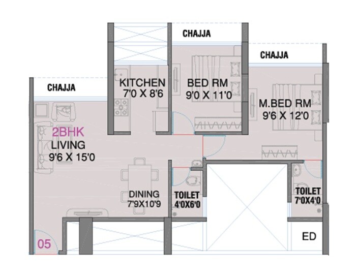 Floor plan of 2 BHK 711 Sq. Ft. Apartment in Millennium Celesta, Navi Mumbai