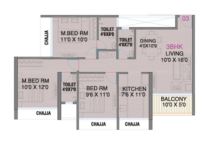 Floor plan of 3 BHK 774 Sq. Ft. Apartment in Millennium Celesta, Navi Mumbai