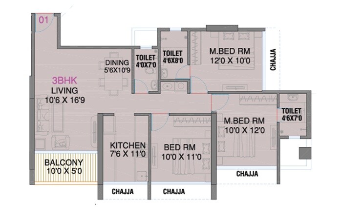 Floor plan of 3 BHK 872 Sq. Ft. Apartment in Millennium Celesta, Navi Mumbai