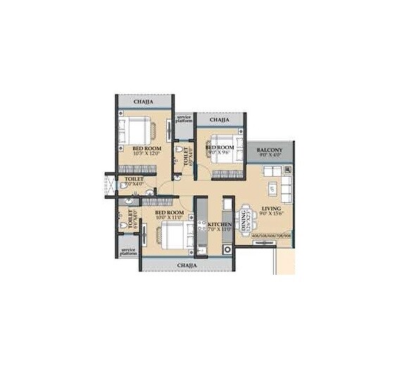 3 BHK 919 Sq. Ft. Apartment