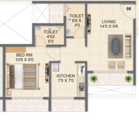 Floor plan of 1 BHK 280 Sq. Ft. Apartment in Millennium Hilton, Navi Mumbai