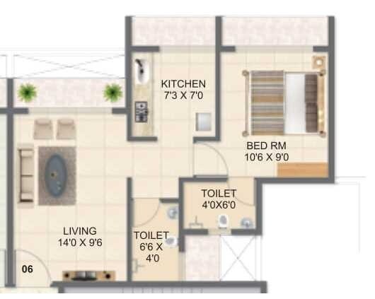 Floor plan of 1 BHK 398 Sq. Ft. Apartment in Millennium Hilton, Navi Mumbai