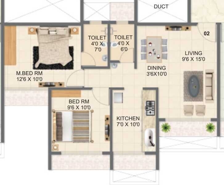 Floor plan of 2 BHK 428 Sq. Ft. Apartment in Millennium Hilton, Navi Mumbai