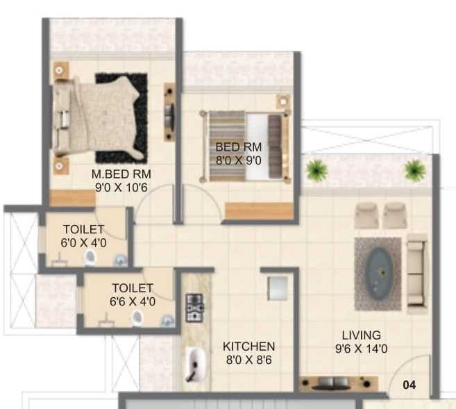 Floor plan of 2 BHK 526 Sq. Ft. Apartment in Millennium Hilton, Navi Mumbai