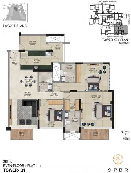 Floor plan of 3 BHK 1040 Sq. Ft. Apartment in Mistry 9PBR, Navi Mumbai