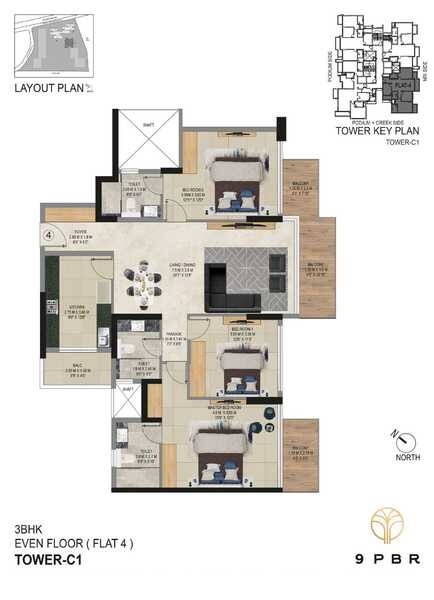 Floor plan of 3 BHK 1430 Sq. Ft. Apartment in Mistry 9PBR, Navi Mumbai