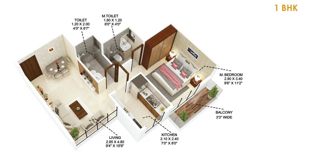 Floor plan of 1 BHK 367 Sq. Ft. Apartment in Mitkar Jewel Of Panvel, Navi Mumbai