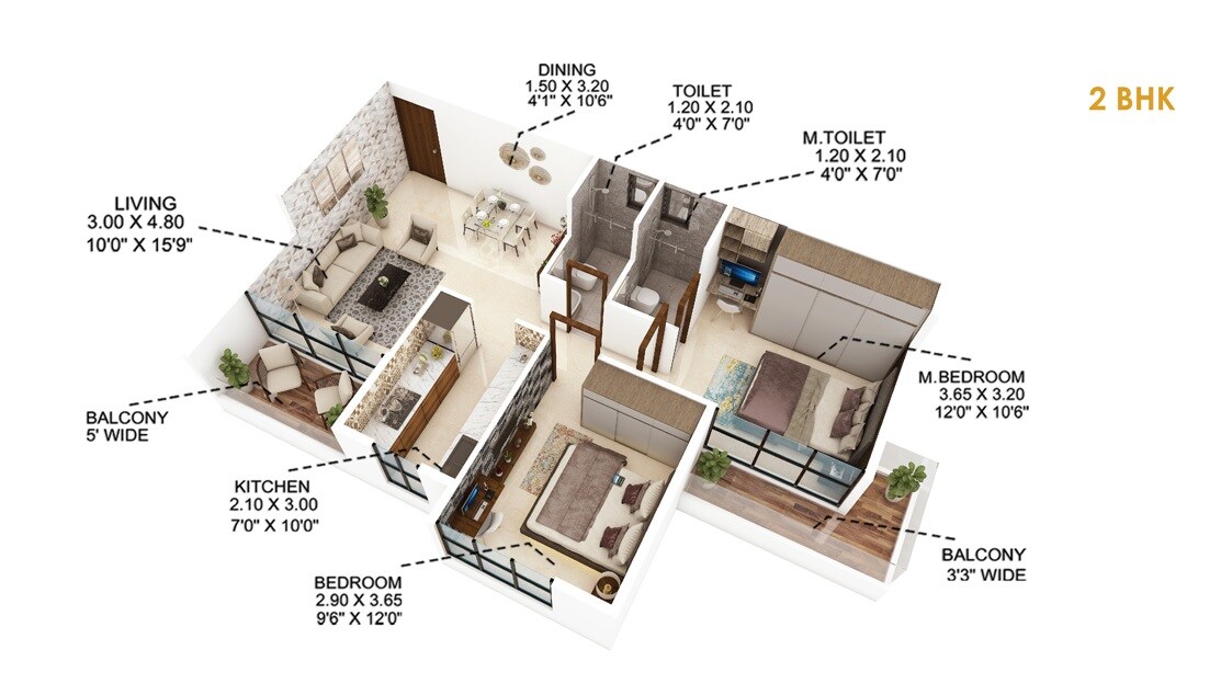 Floor plan of 2 BHK 603 Sq. Ft. Apartment in Mitkar Jewel Of Panvel, Navi Mumbai