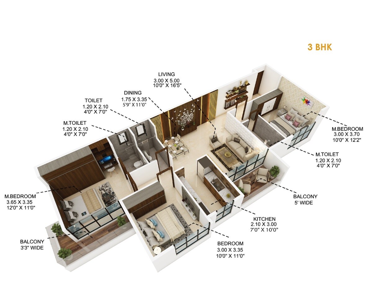 Floor plan of 3 BHK 872 Sq. Ft. Apartment in Mitkar Jewel Of Panvel, Navi Mumbai