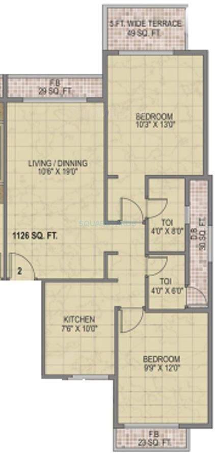 Floor plan of 2 BHK 1126 Sq. Ft. Apartment in Monarch Properties Ambience, Navi Mumbai