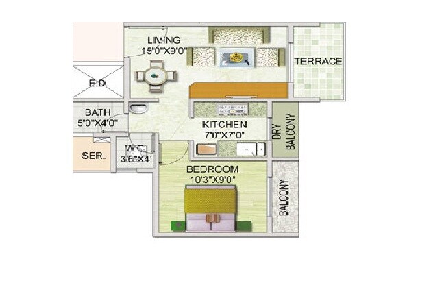 Floor plan of 1 BHK 640 Sq. Ft. Apartment in Monarch Properties Brookefields, Navi Mumbai