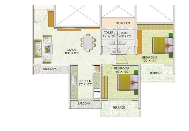 Floor plan of 2 BHK 1085 Sq. Ft. Apartment in Monarch Properties Brookefields, Navi Mumbai