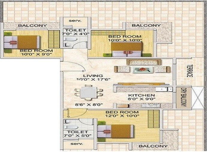 Floor plan of 3 BHK 1300 Sq. Ft. Apartment in Monarch Properties Brookefields, Navi Mumbai