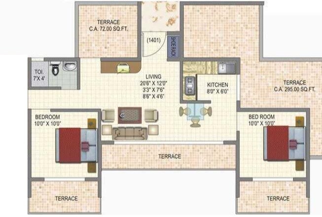 Floor plan of 2 BHK 1030 Sq. Ft. Apartment in Monarch Properties Fortune, Navi Mumbai