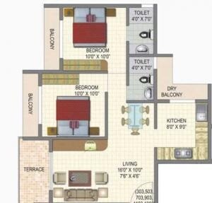 Floor plan of 2 BHK 970 Sq. Ft. Apartment in Monarch Properties Fortune, Navi Mumbai
