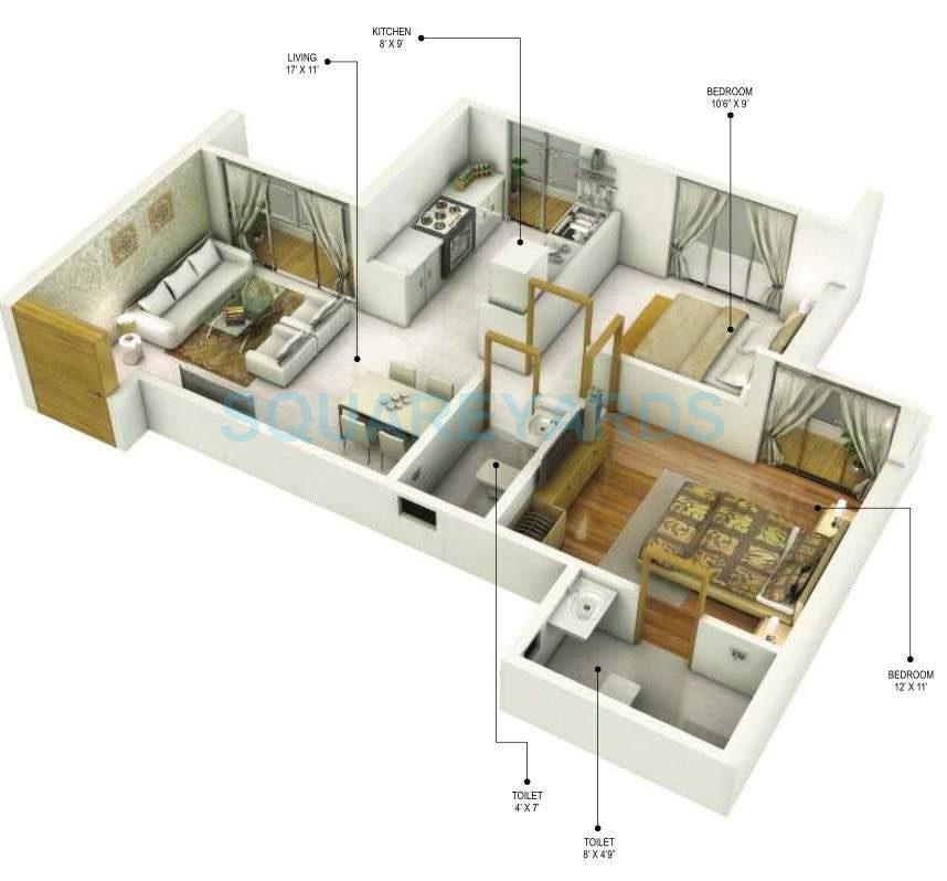 Floor plan of 2 BHK 1050 Sq. Ft. Apartment in Monarch Properties Greenscapes, Navi Mumbai