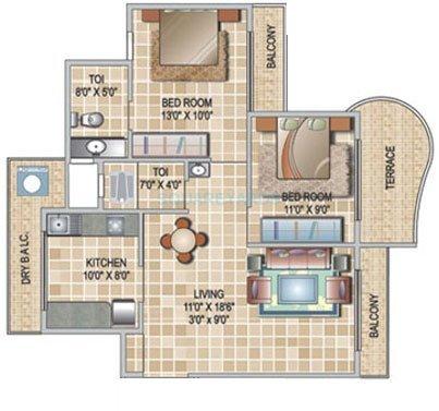 Floor plan of 2 BHK 1100 Sq. Ft. Apartment in Monarch Properties Orchid, Navi Mumbai