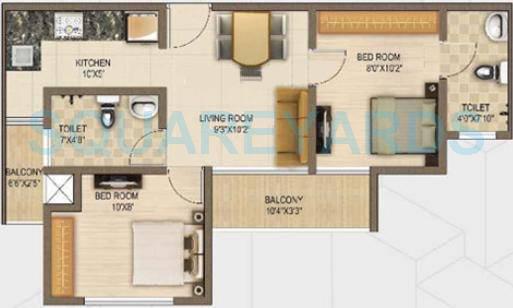 Floor plan of 2 BHK Apartment - 660 sq. ft. in Monarch Properties Rise, Navi Mumbai