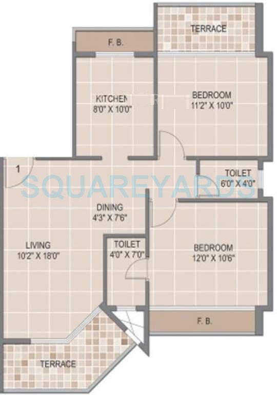 Floor plan of 2 BHK 1085 Sq. Ft. Apartment in Monarch Properties Sapphire, Navi Mumbai