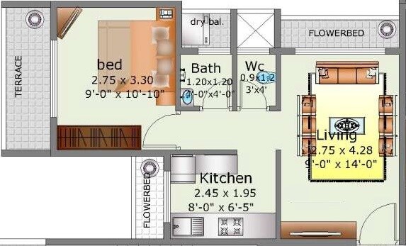 Floor plan of 1 BHK 262 Sq. Ft. Apartment in Moraj Pride, Navi Mumbai