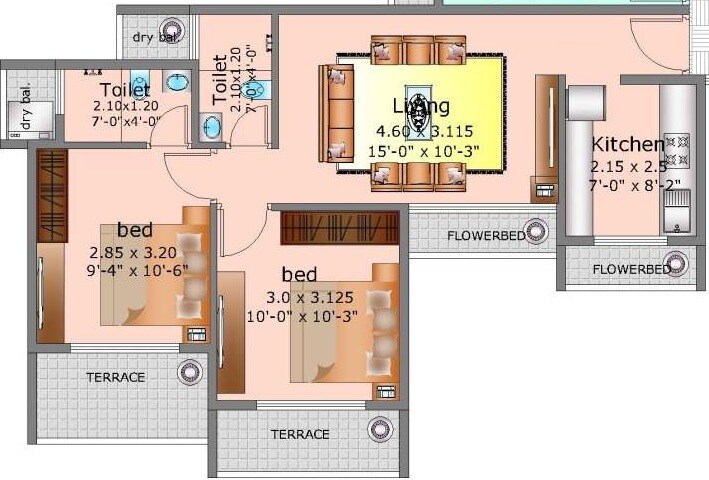 Floor plan of 2 BHK 393 Sq. Ft. Apartment in Moraj Pride, Navi Mumbai