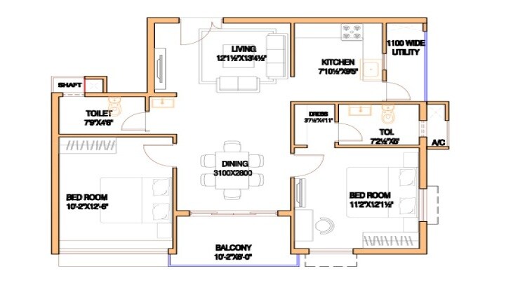 Floor plan of 2 BHK 556 Sq. Ft. Apartment in Moraj Silent Valley, Navi Mumbai