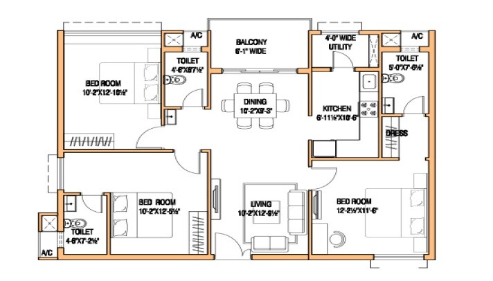 Floor plan of 3 BHK 846 Sq. Ft. Apartment in Moraj Silent Valley, Navi Mumbai