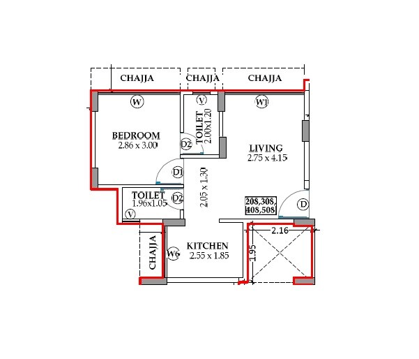 Floor plan of 1 BHK 318 Sq. Ft. Apartment in Mundkar Hari Residency, Navi Mumbai
