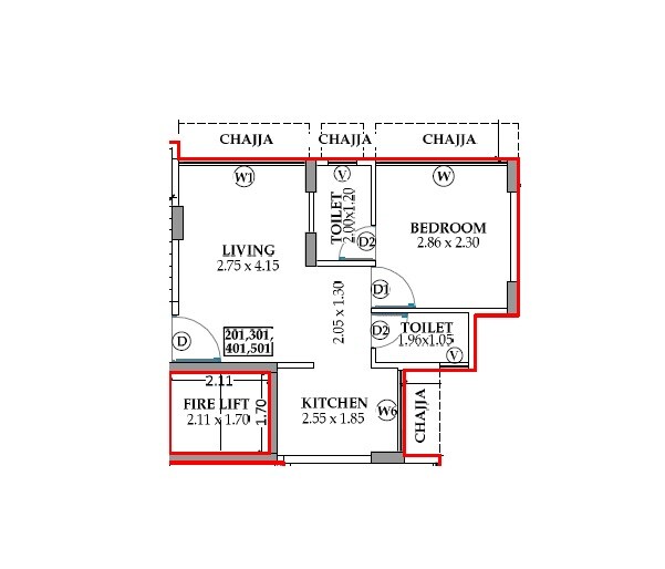 Floor plan of 1 BHK 388 Sq. Ft. Apartment in Mundkar Hari Residency, Navi Mumbai
