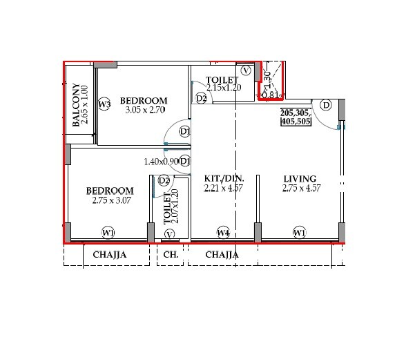 Floor plan of 2 BHK 513 Sq. Ft. Apartment in Mundkar Hari Residency, Navi Mumbai
