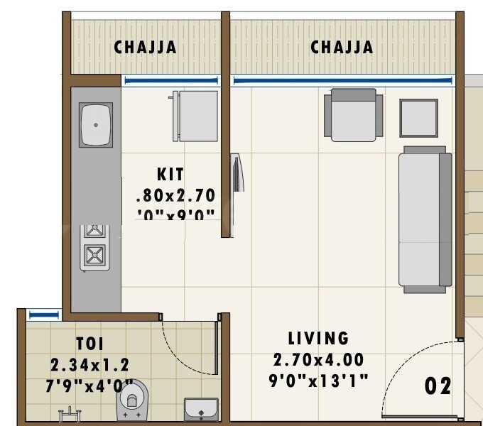 Floor plan of 270 Sq. Ft. Studio in Naagraj Classic, Navi Mumbai