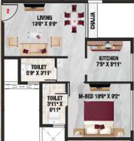 Floor plan of 1 BHK 406 Sq. Ft. Apartment in Naman Platina, Navi Mumbai