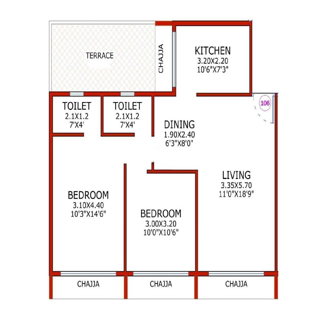 Floor plan of 2 BHK 611 Sq. Ft. Apartment in National Eden Paradise, Navi Mumbai