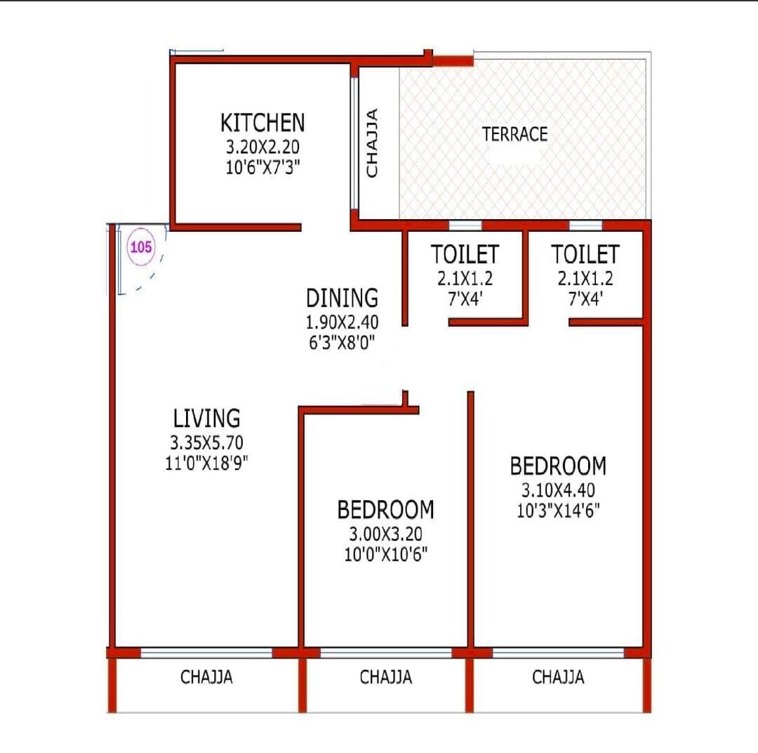 Floor plan of 2 BHK 672 Sq. Ft. Apartment in National Eden Paradise, Navi Mumbai