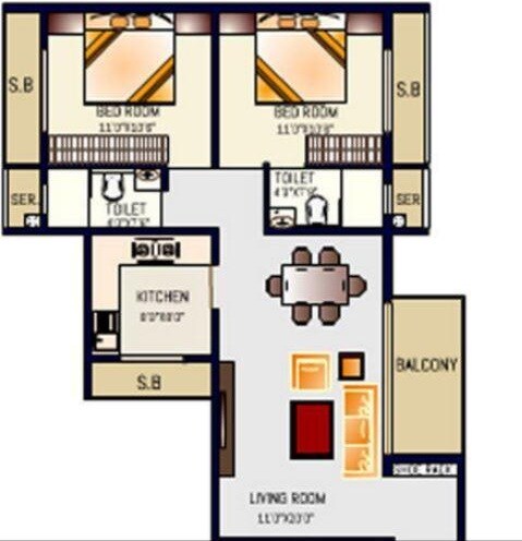 Floor plan of 2 BHK 653 Sq. Ft. Apartment in National Harmony, Navi Mumbai