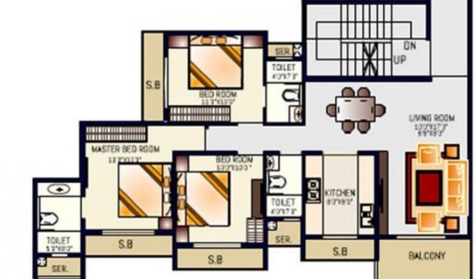 Floor plan of 3 BHK 802 Sq. Ft. Apartment in National Harmony, Navi Mumbai