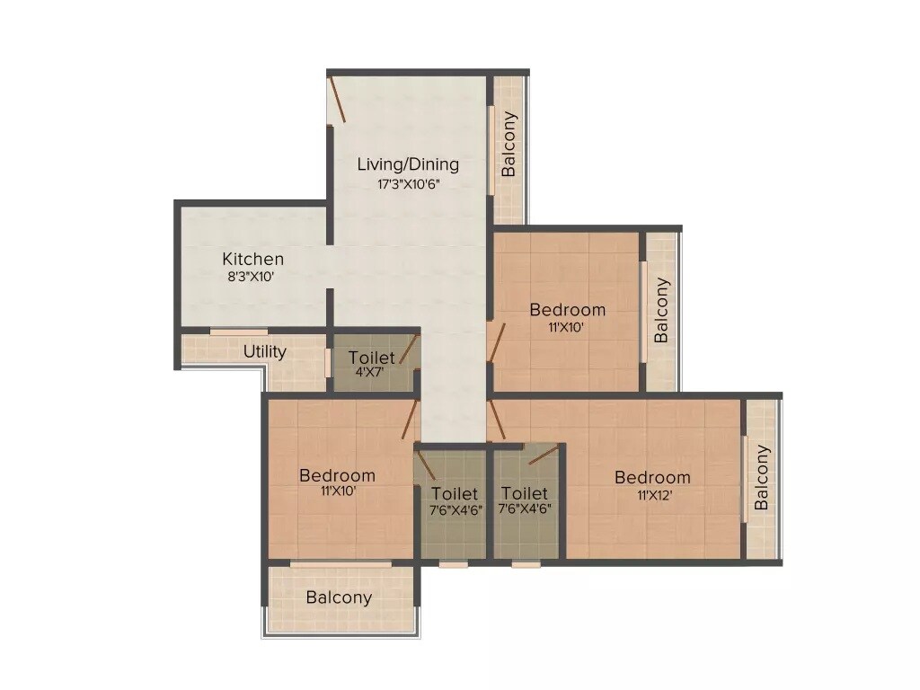 Floor plan of 3 BHK 1410 Sq. Ft. Apartment in National Marvel, Navi Mumbai