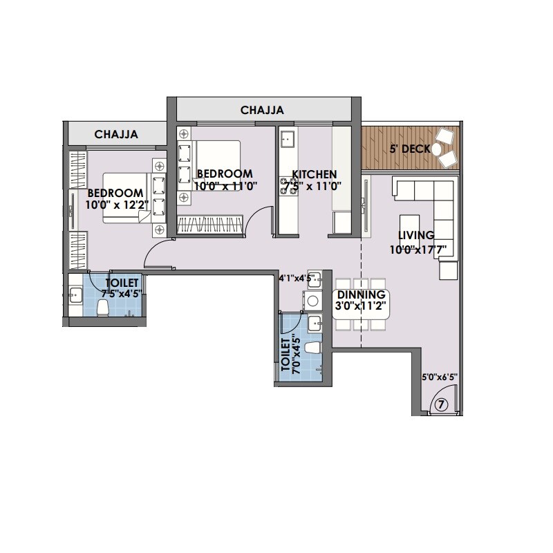 Floor plan of 2 BHK 732 Sq. Ft. Apartment in National Mount View, Navi Mumbai
