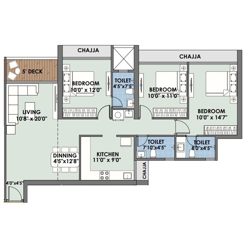 Floor plan of 3 BHK 1017 Sq. Ft. Apartment in National Mount View, Navi Mumbai