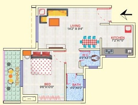 Floor plan of 2 BHK 838 Sq. Ft. Apartment in National Sea Queen Park, Navi Mumbai