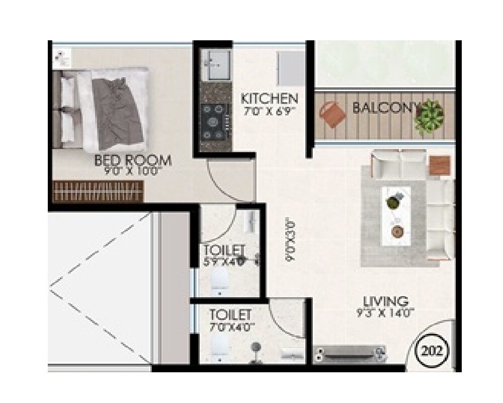 Floor plan of 1 BHK 368 Sq. Ft. Apartment in Navdeep Dhara Residency, Navi Mumbai