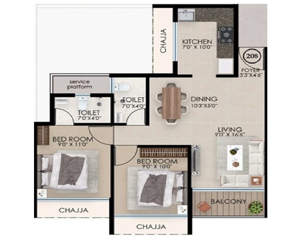 Floor plan of 2 BHK 559 Sq. Ft. Apartment in Navdeep Dhara Residency, Navi Mumbai
