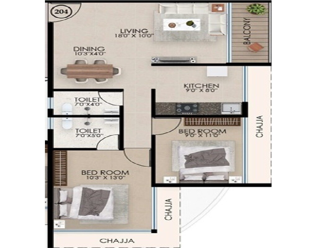 Floor plan of 2 BHK 636 Sq. Ft. Apartment in Navdeep Dhara Residency, Navi Mumbai