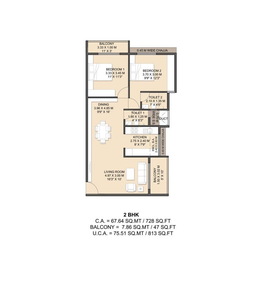2 BHK 728 Sq. Ft. Apartment