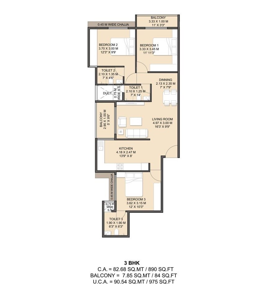 Floor plan of 3 BHK 890 Sq. Ft. Apartment in Neel Hermitage, Navi Mumbai