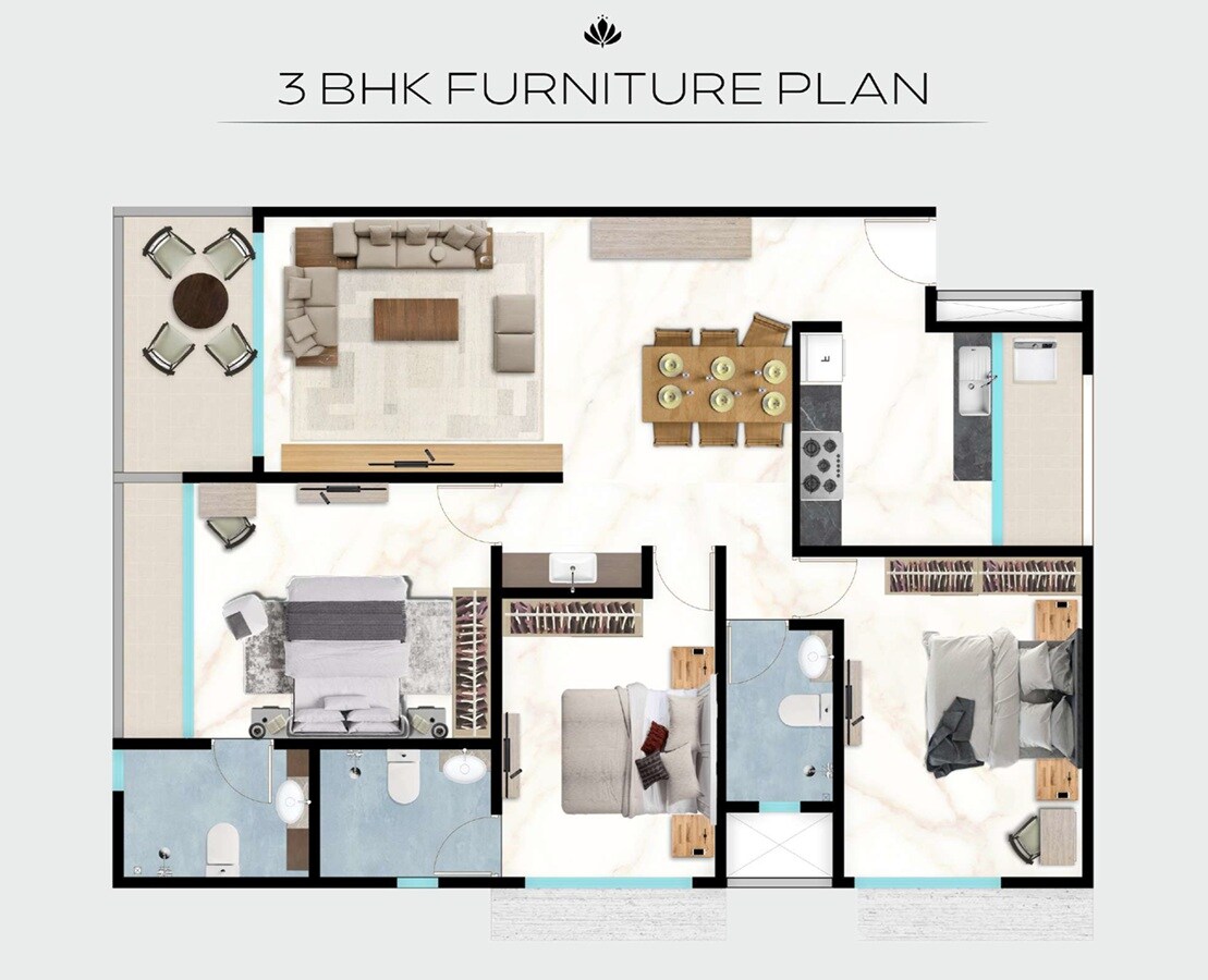 Floor plan of 3 BHK 1330 Sq. Ft. Apartment in Neel Lake Serene, Navi Mumbai