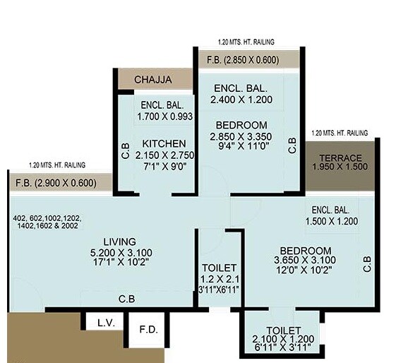 Floor plan of 2 BHK 428 Sq. Ft. Apartment in Neel Sidhi Anexo, Navi Mumbai