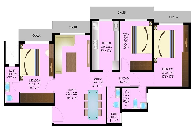 3 BHK 843 Sq. Ft. Apartment